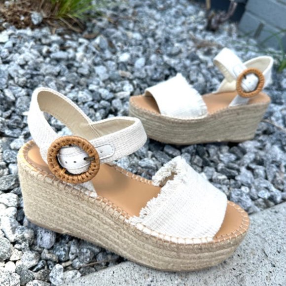 SOLUDOS Anthropologie Cotton Wedge Buckle Sandals Raffia Shoes 7 37.5 HOST PICK - Picture 1 of 4